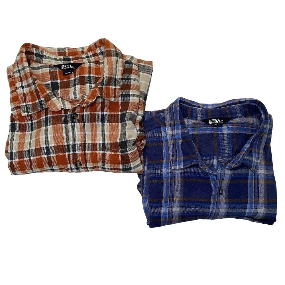 Eddie Bauer Flannel Shirt Mens XXL Blue Orange Plaid Button Up Lot 2